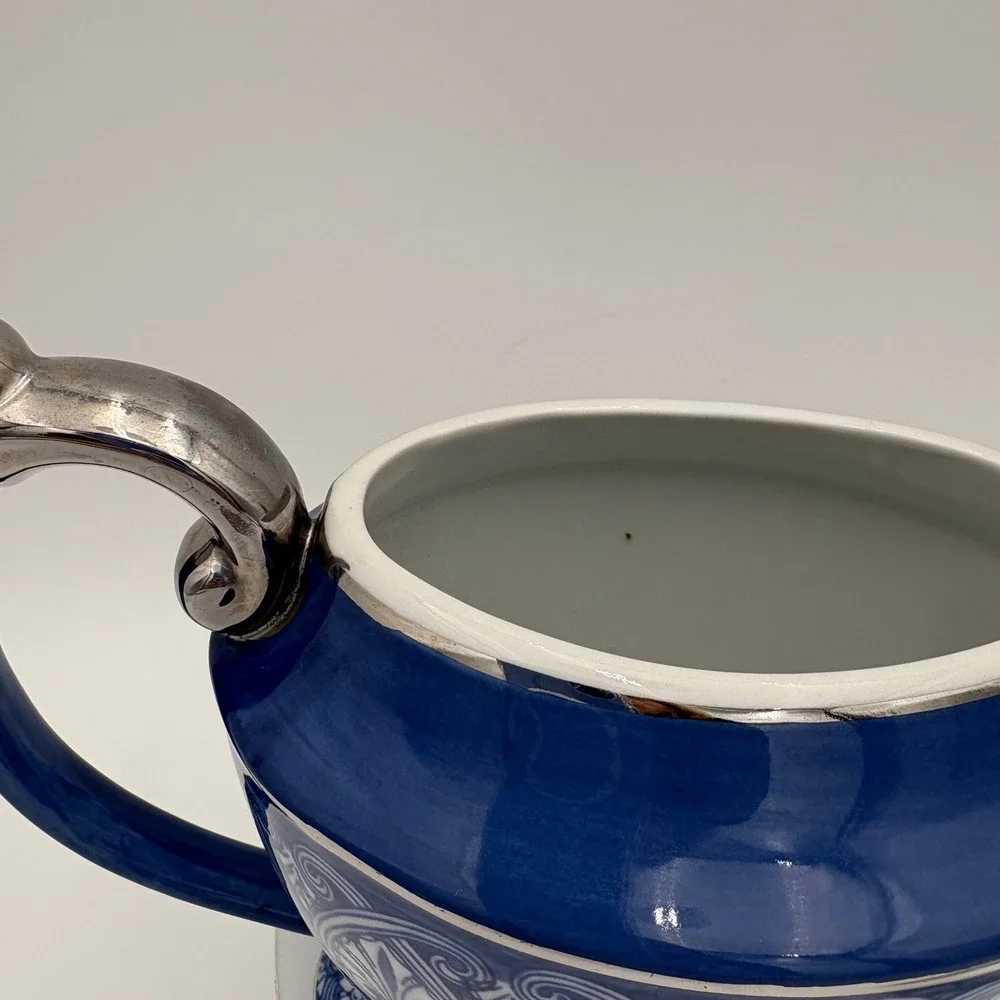Bombay Blue White Silver Trim‎ Ceramic Teapot Decorative VTG